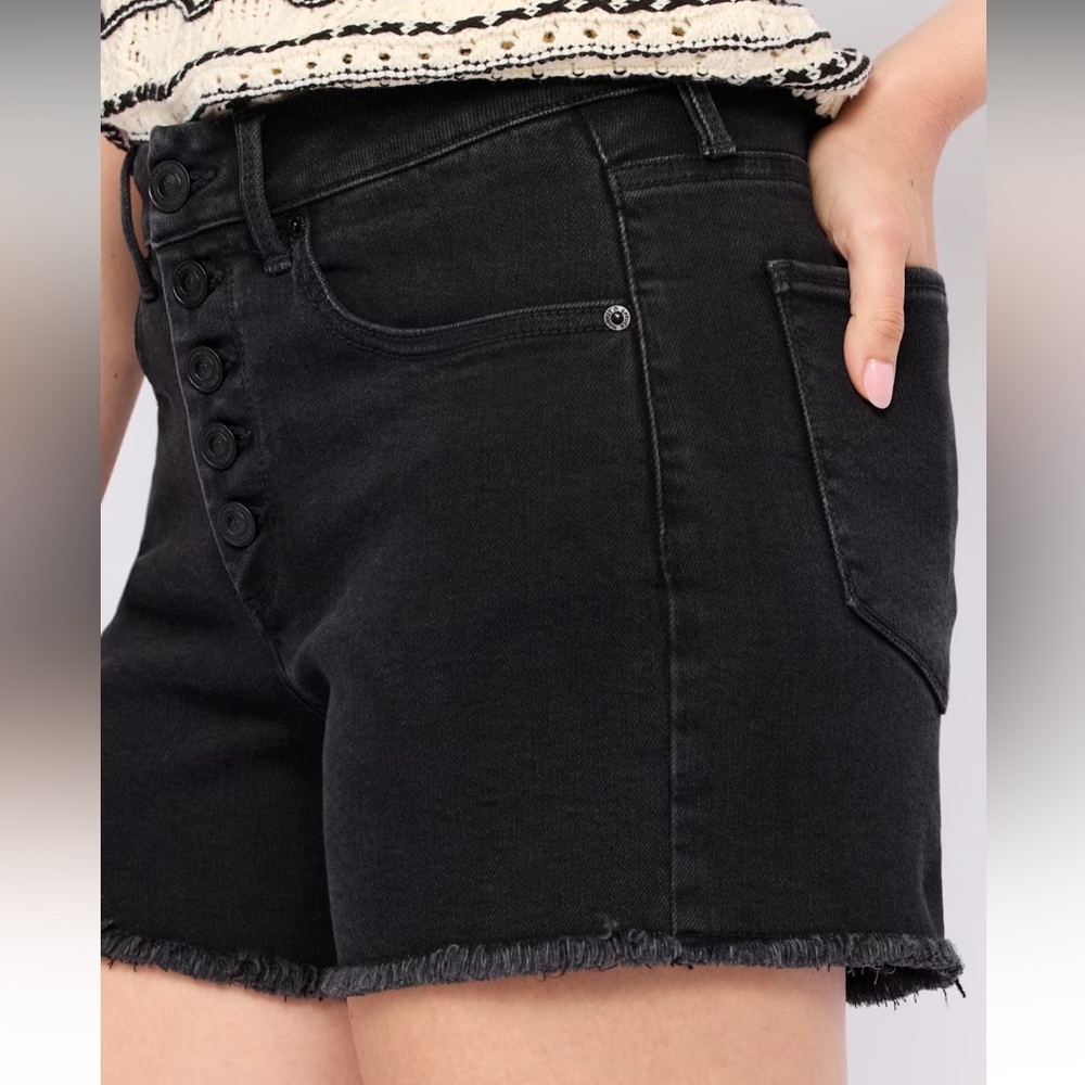 Black Denim Button-Fly Highwaisted Shorts - Picture 4 of 4